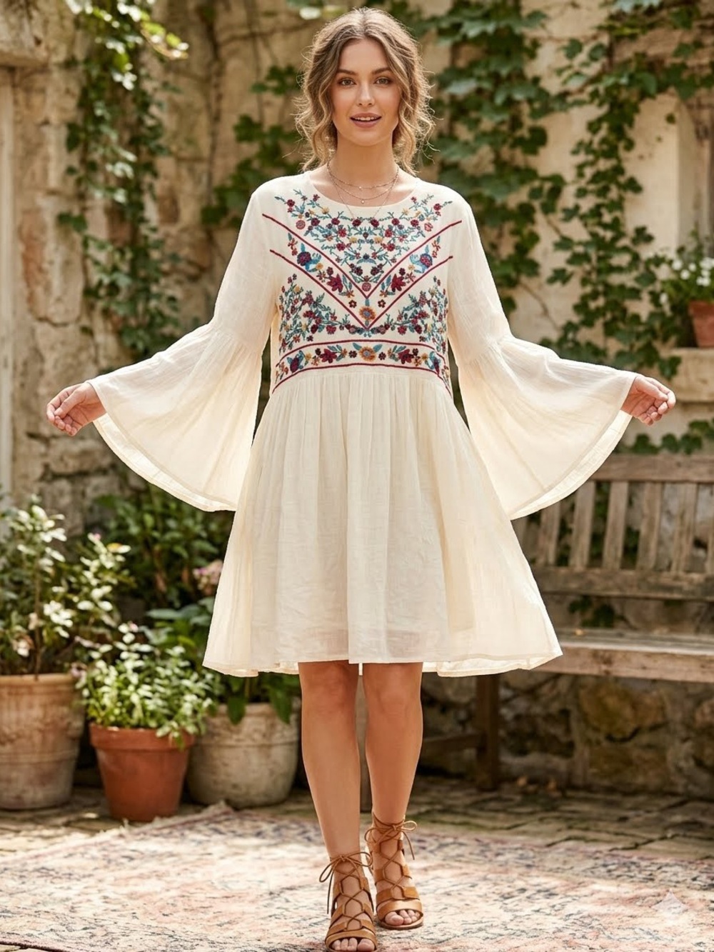 Umgee Boho Bliss Floral Embroidered Bell Sleeve Mini Dress Cream Large